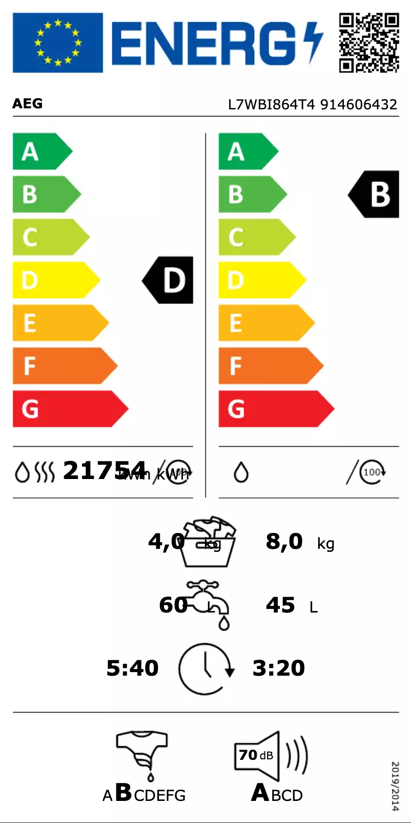 Page n°1 - Label énergétique AEG L7WBI864T4