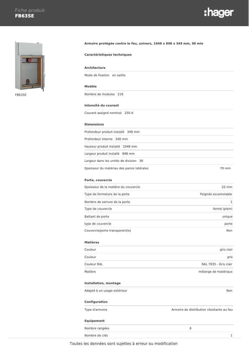 Page n°1 - Fiche technique Hager FB63SE
