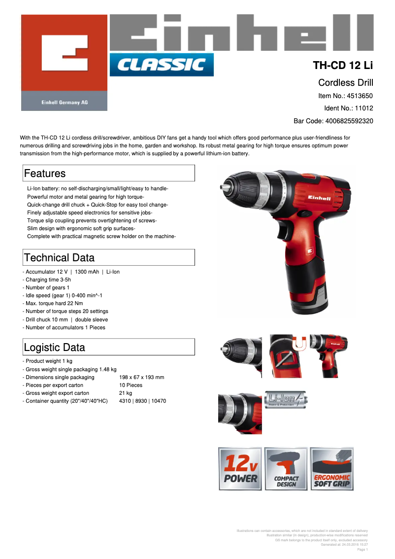 Page 1 de la notice Fiche technique Einhell TH-CD 12 Li