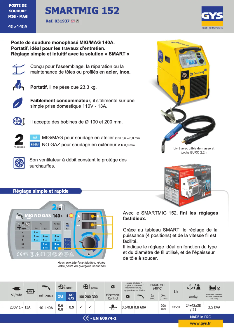 Page 1 de la notice Fiche technique GYS Smartmig 152