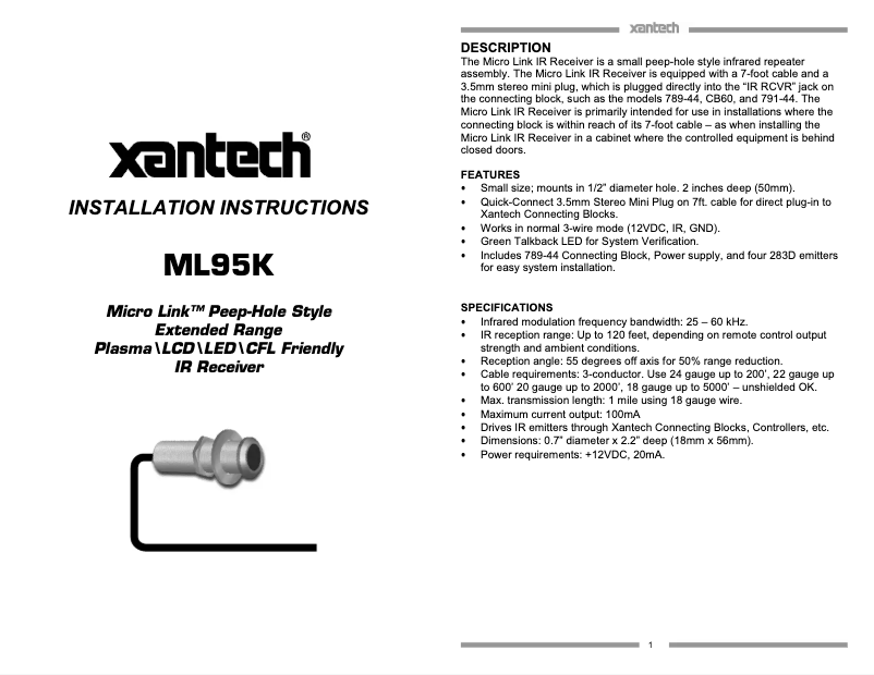 Page n°1 - Manuel utilisateur Xantech ML95K