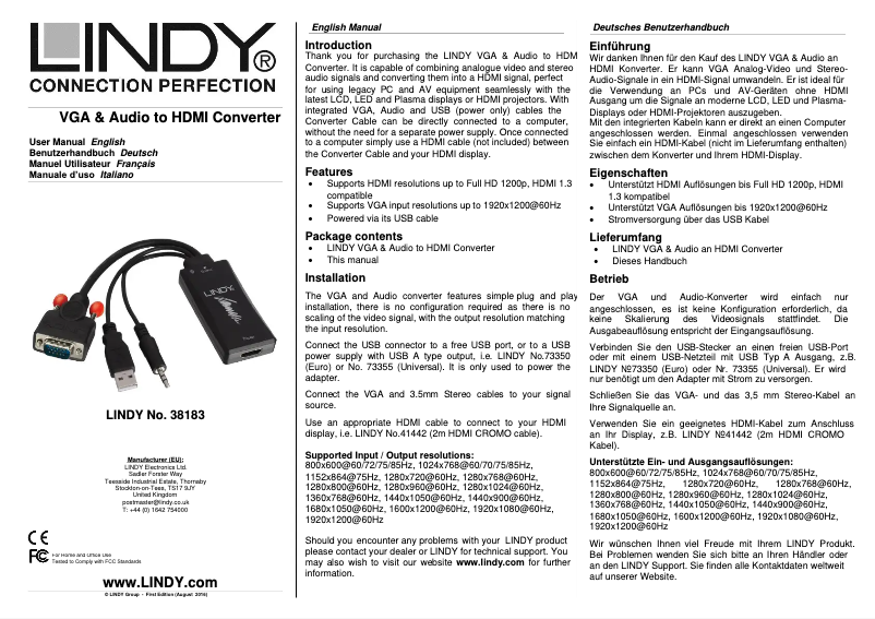 Page n°1 - Manuel utilisateur Lindy 38183