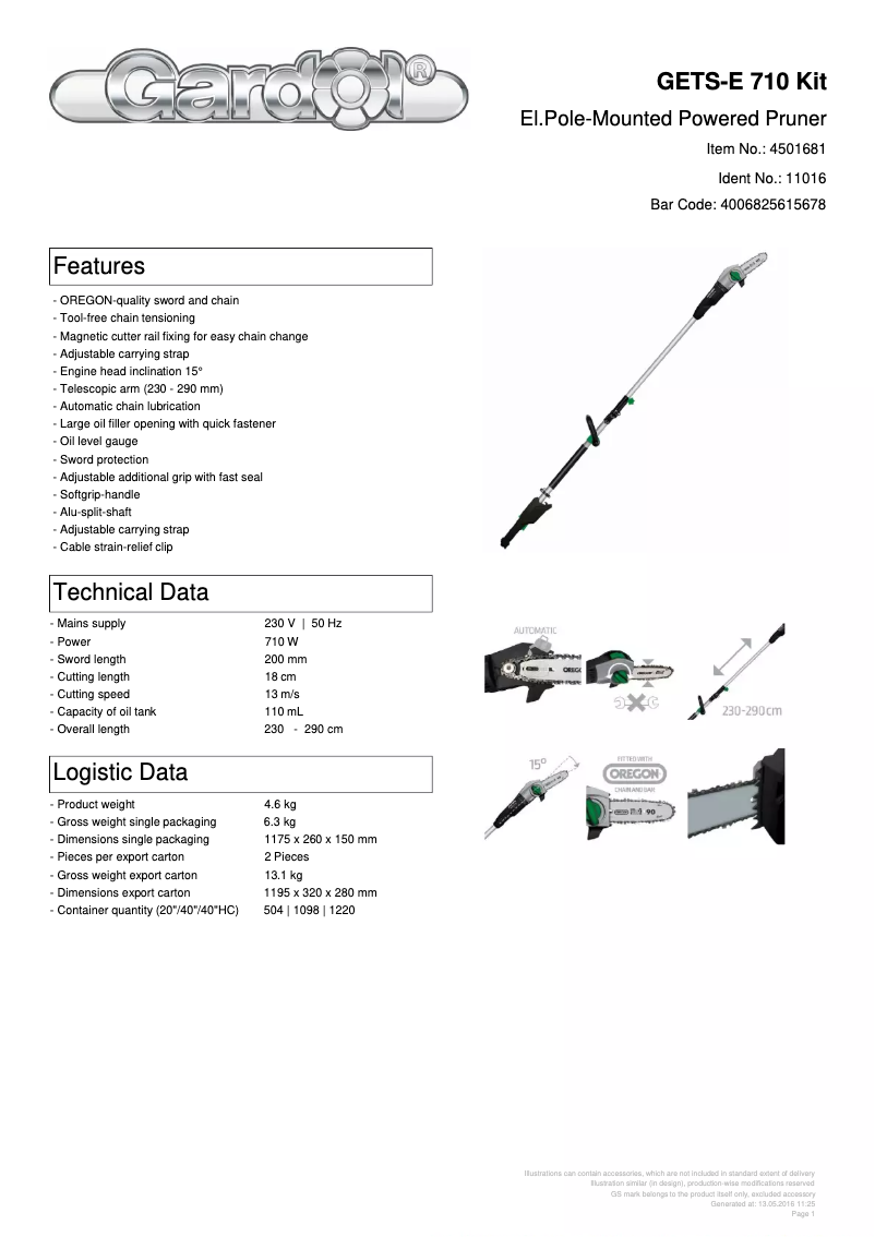 Page 1 de la notice Fiche technique Gardol GETS-E 710