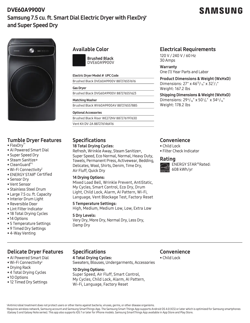 Page 1 de la notice Fiche technique Samsung DVE60A9900V