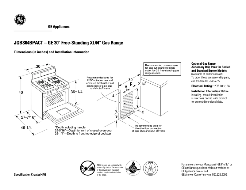 Page n°1 - Fiche technique GE JGBS04BPACT
