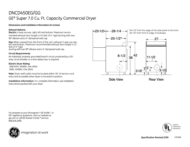 Page 1 of the manual Technical Sheet GE DNCD450EGWC