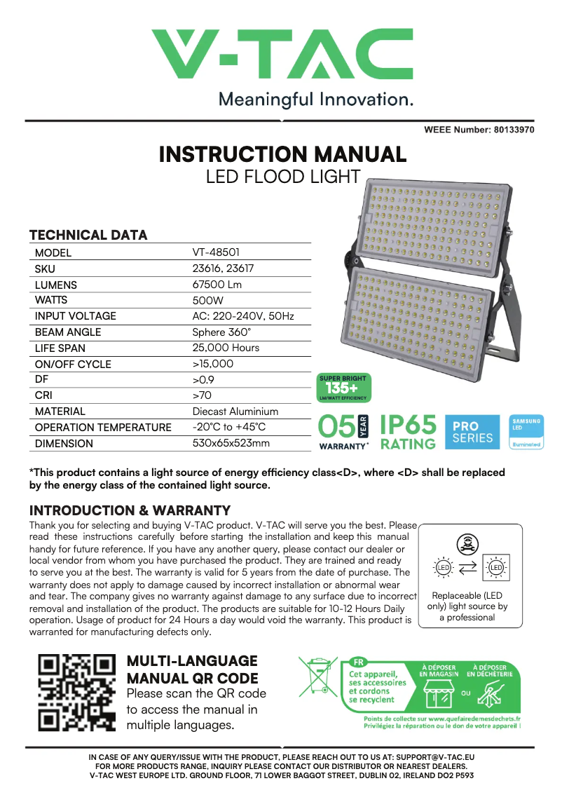 Page 1 de la notice Manuel utilisateur V-TAC VT-48501