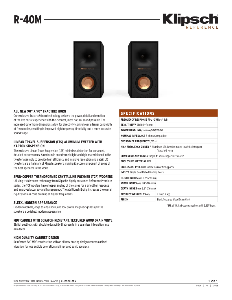 Page 1 de la notice Fiche technique Klipsch R-40M