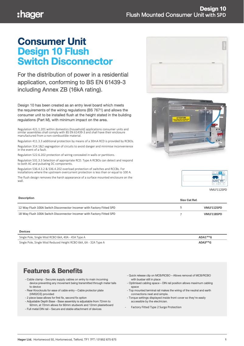 Page 1 de la notice Fiche technique Hager VMLF112SPD