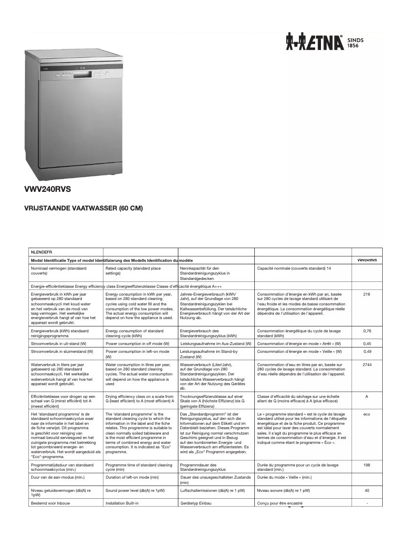 Page 1 de la notice Fiche technique Etna VWV240RVS