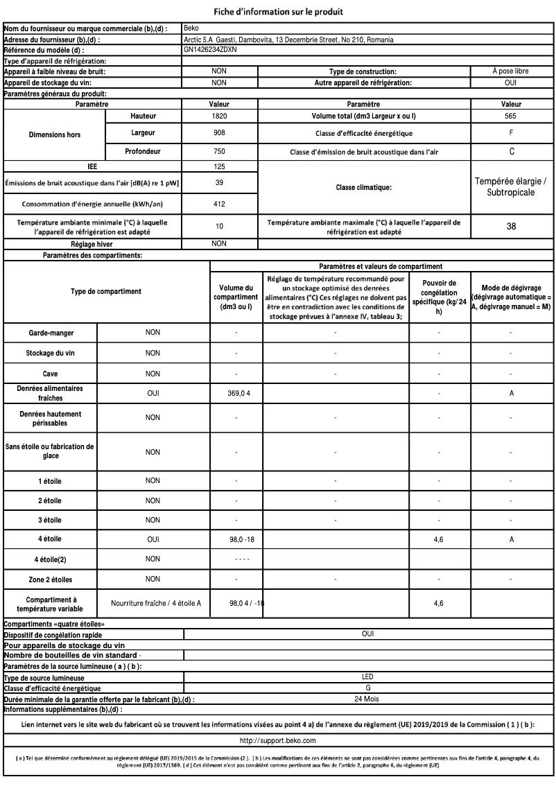 Page 1 de la notice Fiche technique Beko GN1426234ZDXN