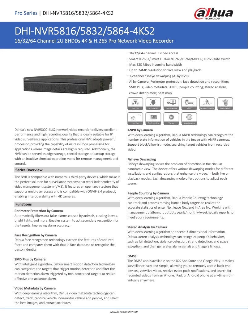 Page 1 de la notice Fiche technique Dahua Technology NVR5832-4KS2