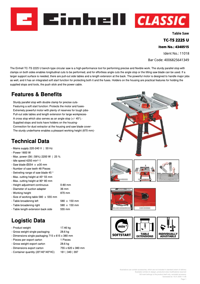 Page 1 de la notice Fiche technique Einhell TC-TS 2225 U