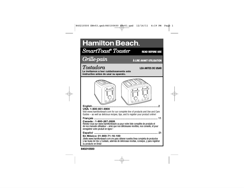 Page 1 de la notice Manuel utilisateur Hamilton Beach Smart 24444