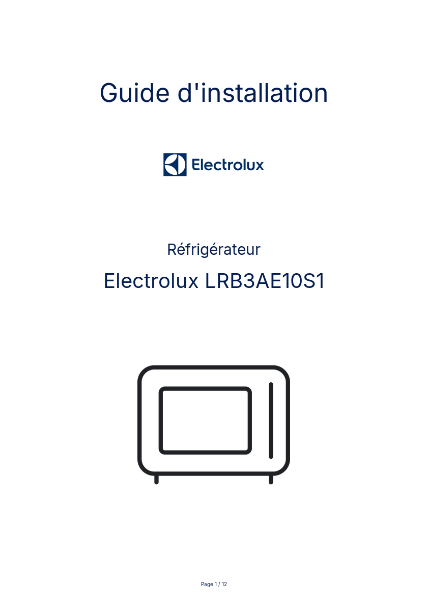 Page n°1 - Guide d'installation Electrolux LRB3AE10S1