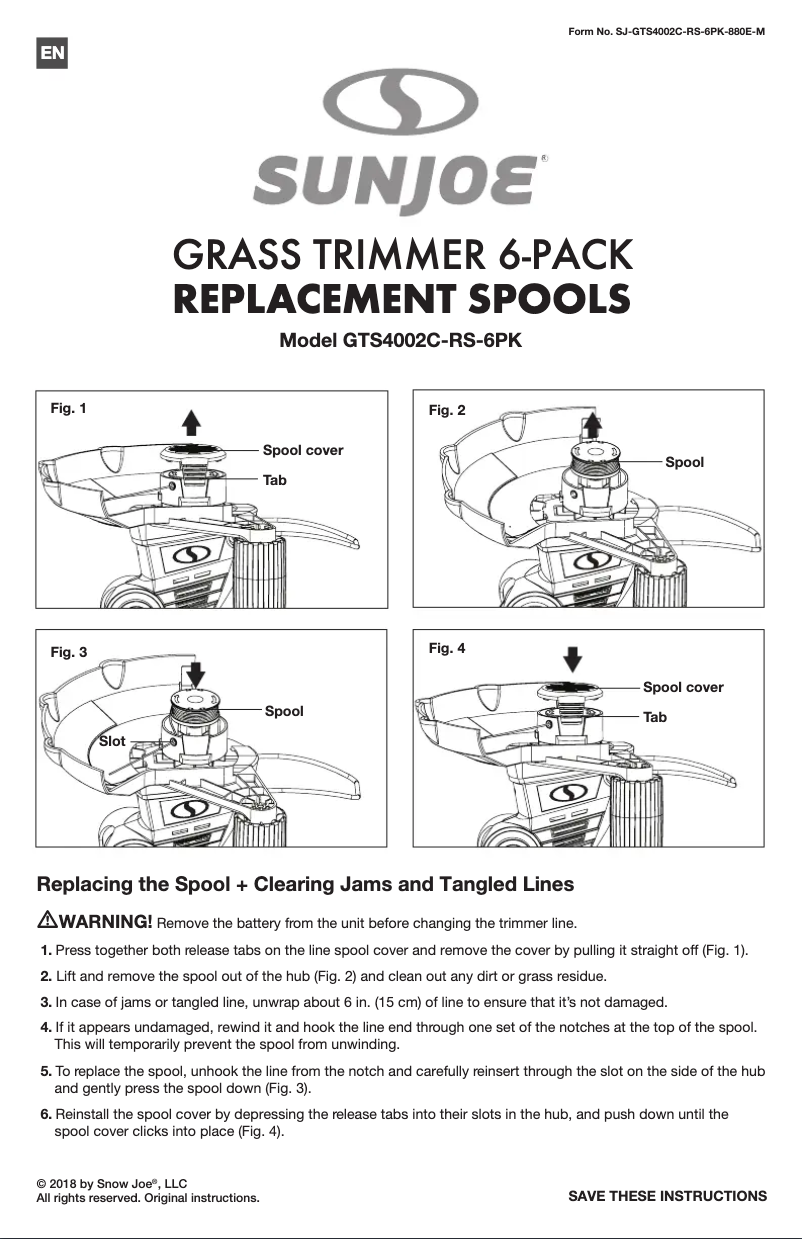 Page n°1 - Manuel utilisateur Sun Joe GTS4000E-RS-6PK