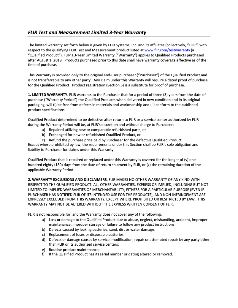 Page 1 of the manual Warranty Information FLIR DM62