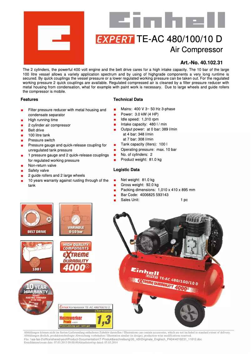 Page 1 de la notice Fiche technique Einhell TE-AC 480/100/10 D