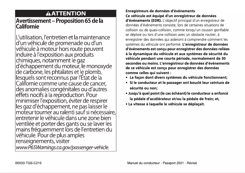 Page 1 de la notice Manuel utilisateur Honda Passport (2021)