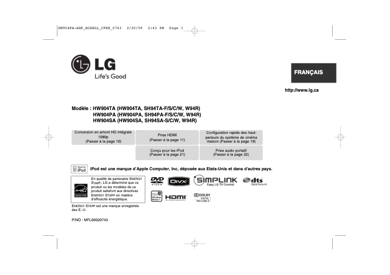 Page 1 de la notice Manuel utilisateur LG HW904PA