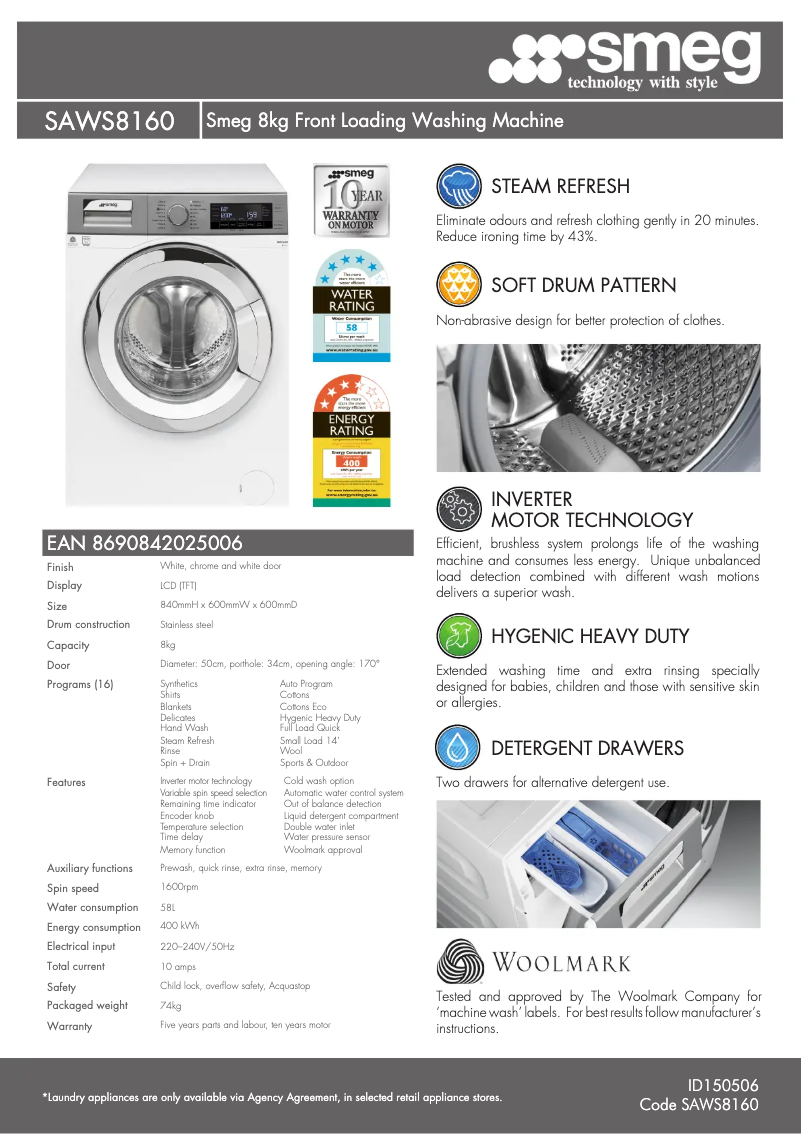 Page 1 de la notice Fiche technique Smeg SAWS8160