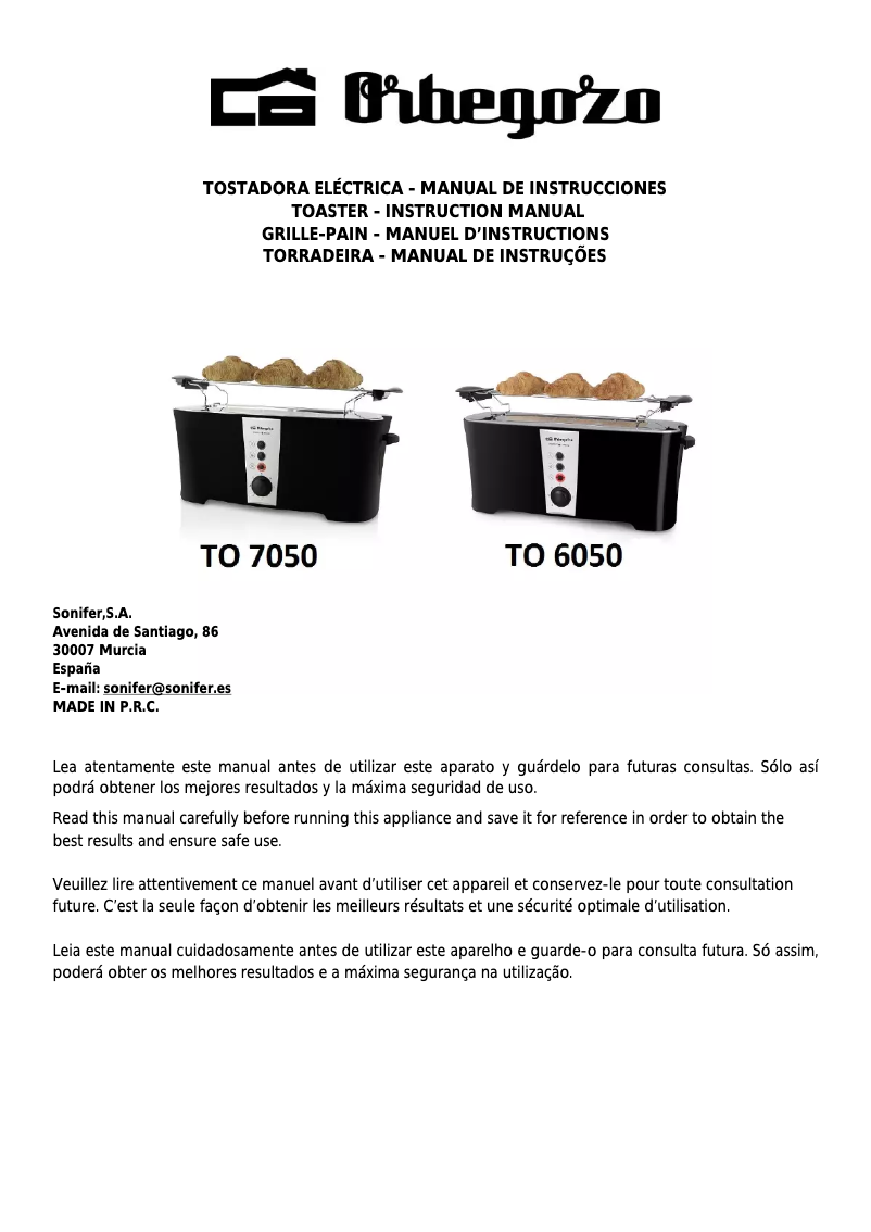 Page 1 de la notice Manuel utilisateur Orbegozo TO 7050