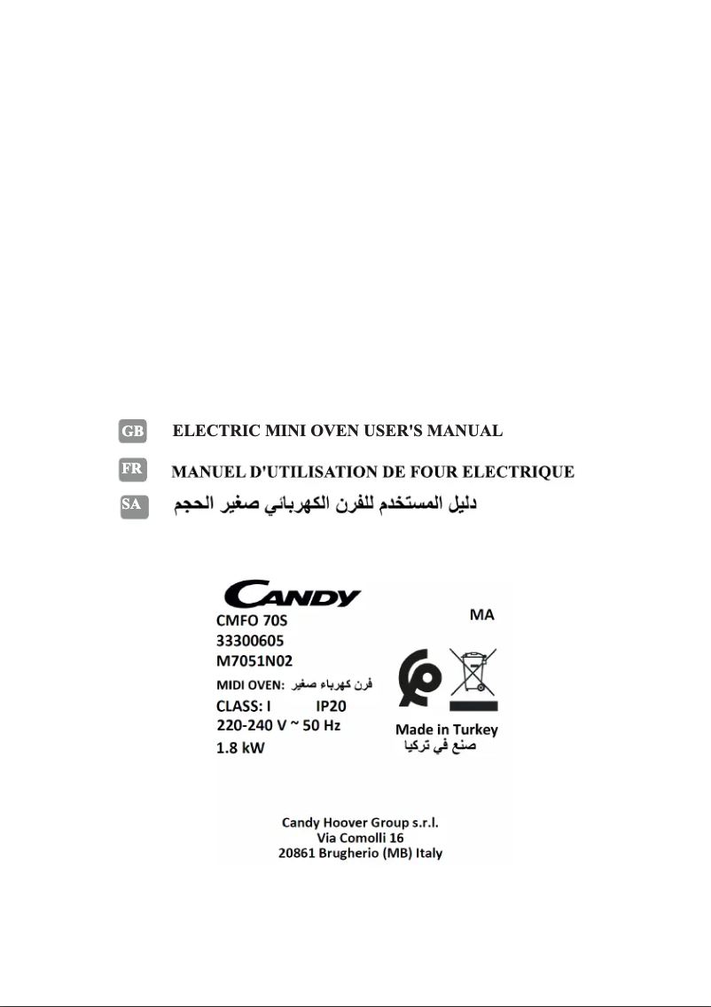 Page 1 de la notice Manuel utilisateur Candy CMFO 70S