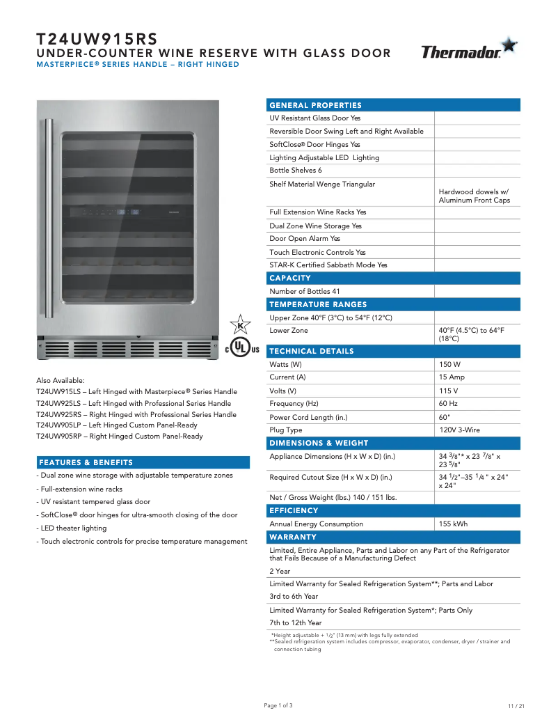 Page 1 de la notice Fiche technique Thermador T24UW915RS