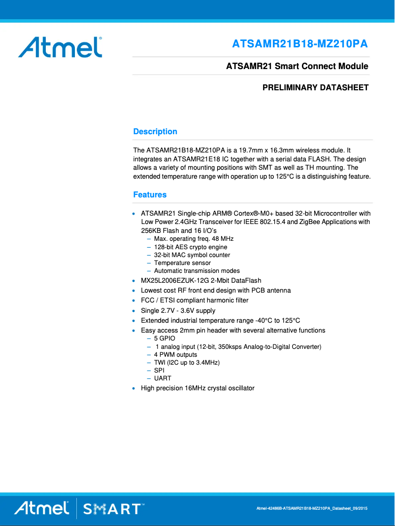 Page 1 de la notice Fiche technique Microchip ATSAMR21B18