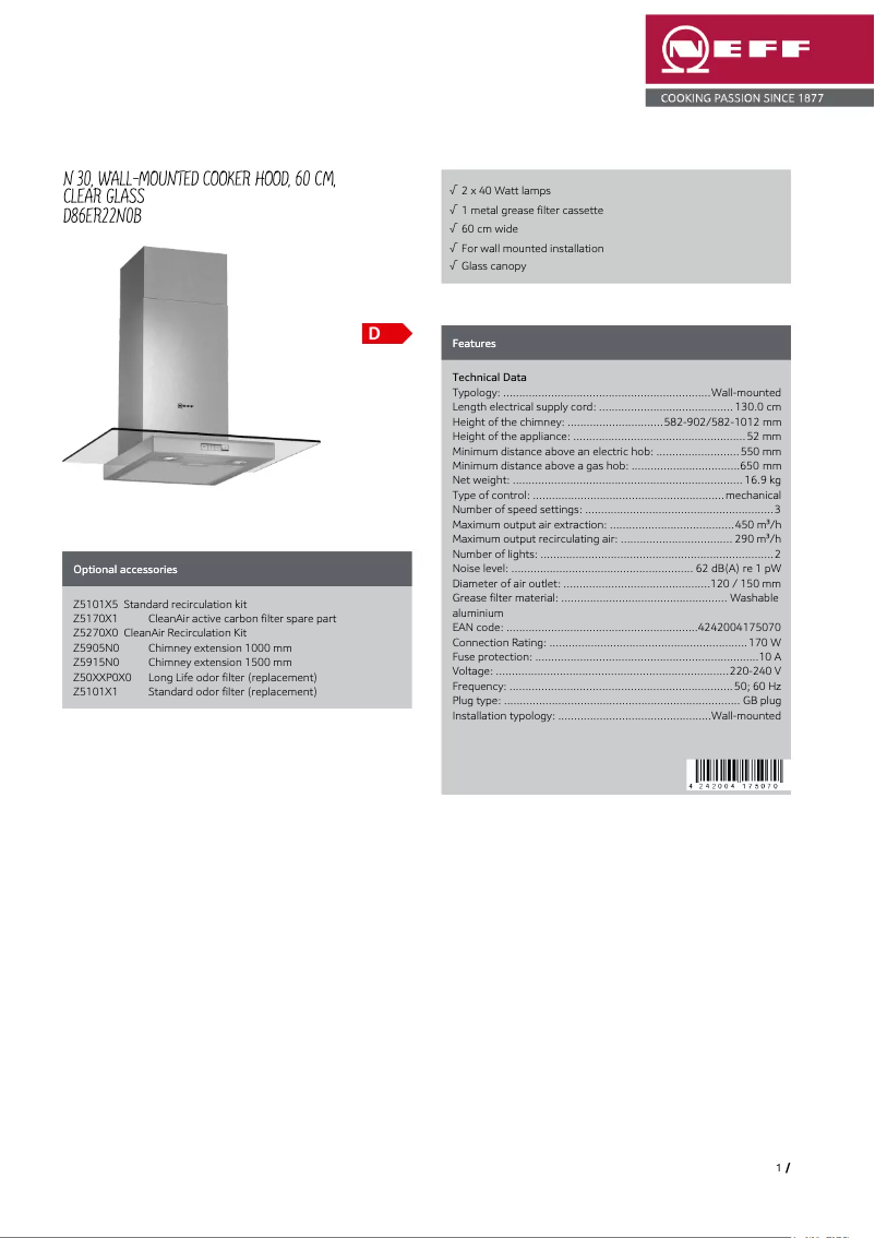Page 1 de la notice Fiche technique Neff D86ER22N0B