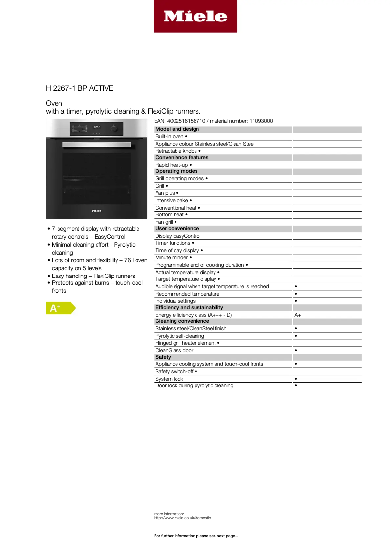 Page 1 de la notice Fiche technique Miele H 2267-1 BP Active