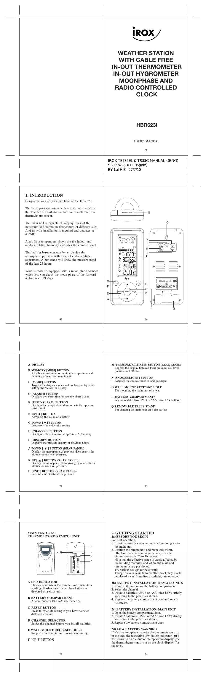 Page 1 de la notice Manuel utilisateur Irox HBR623i-B