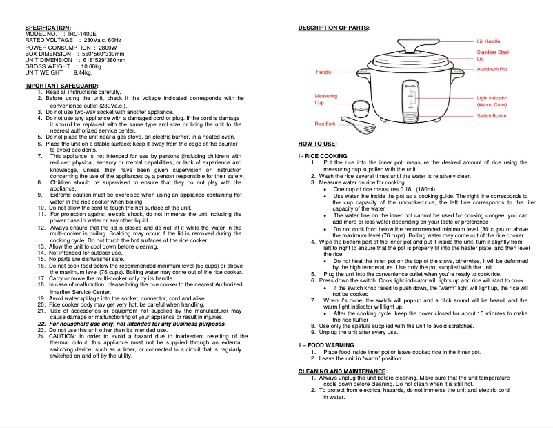 Image de la première page du manuel de l'appareil IRC-1400E