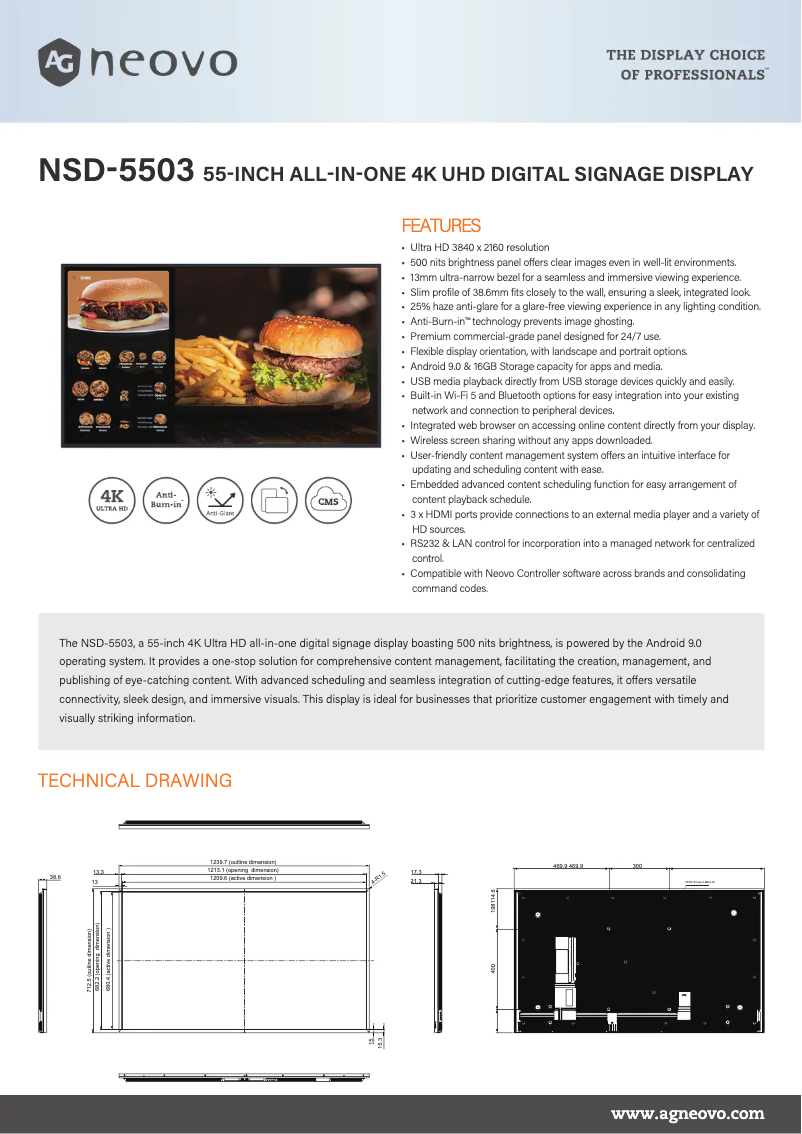 Page 1 de la notice Fiche technique AG Neovo NSD-5503