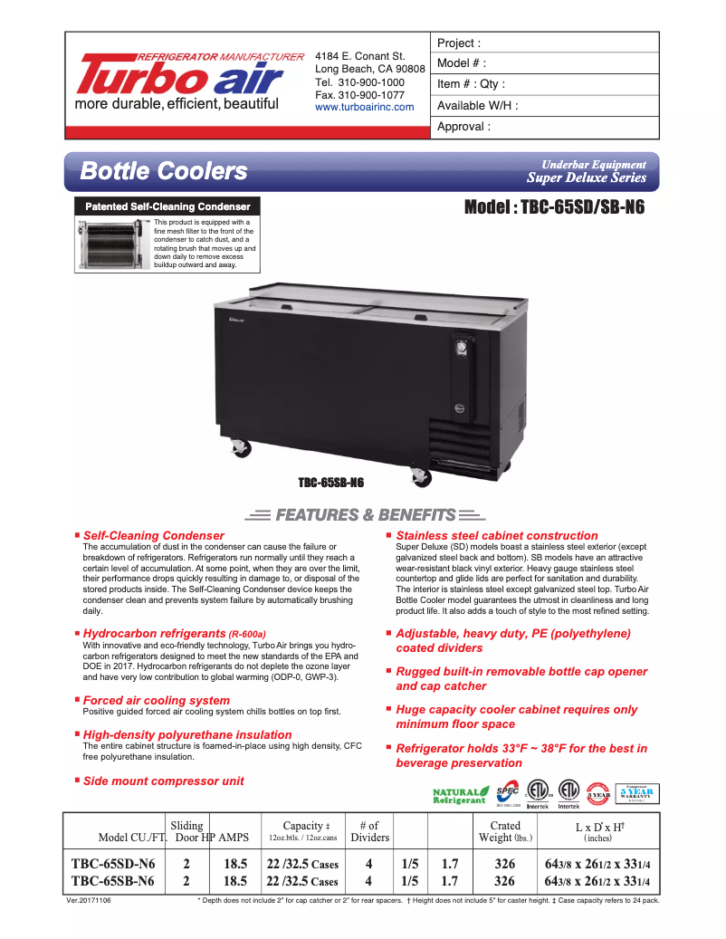 Page 1 de la notice Fiche technique Turbo air TBC-65SD