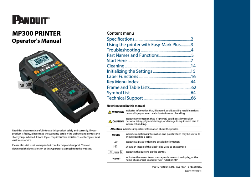 Page 1 de la notice Manuel utilisateur Panduit MP300