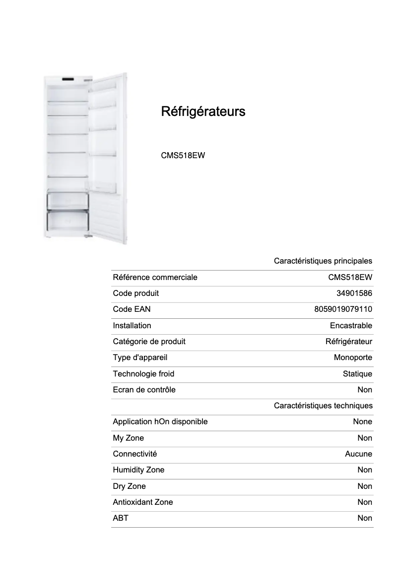 Page 1 de la notice Fiche technique Candy CMS518EW