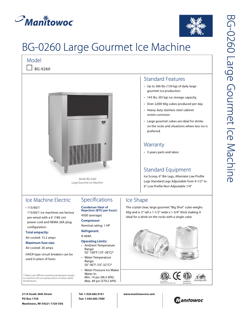 Page n°1 - Fiche technique Manitowoc BG-0260A