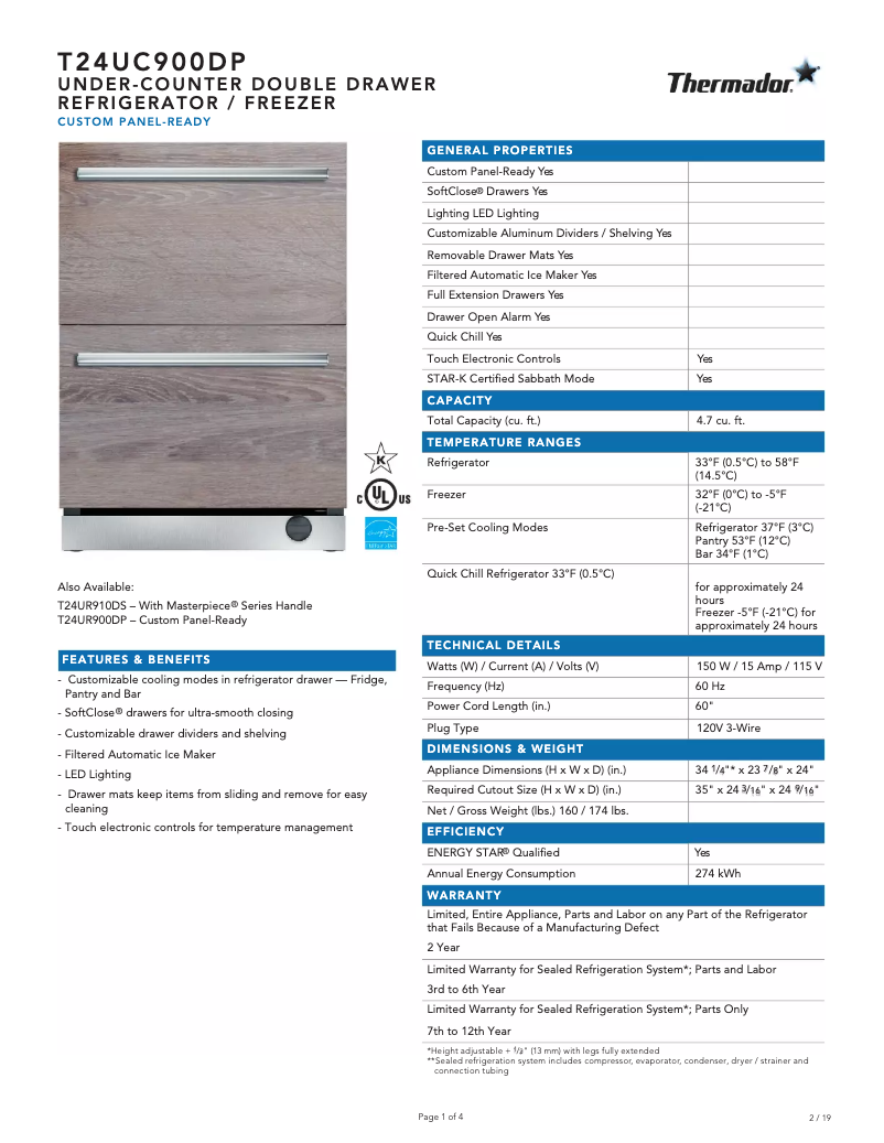 Page 1 de la notice Fiche technique Thermador T24UC900DP