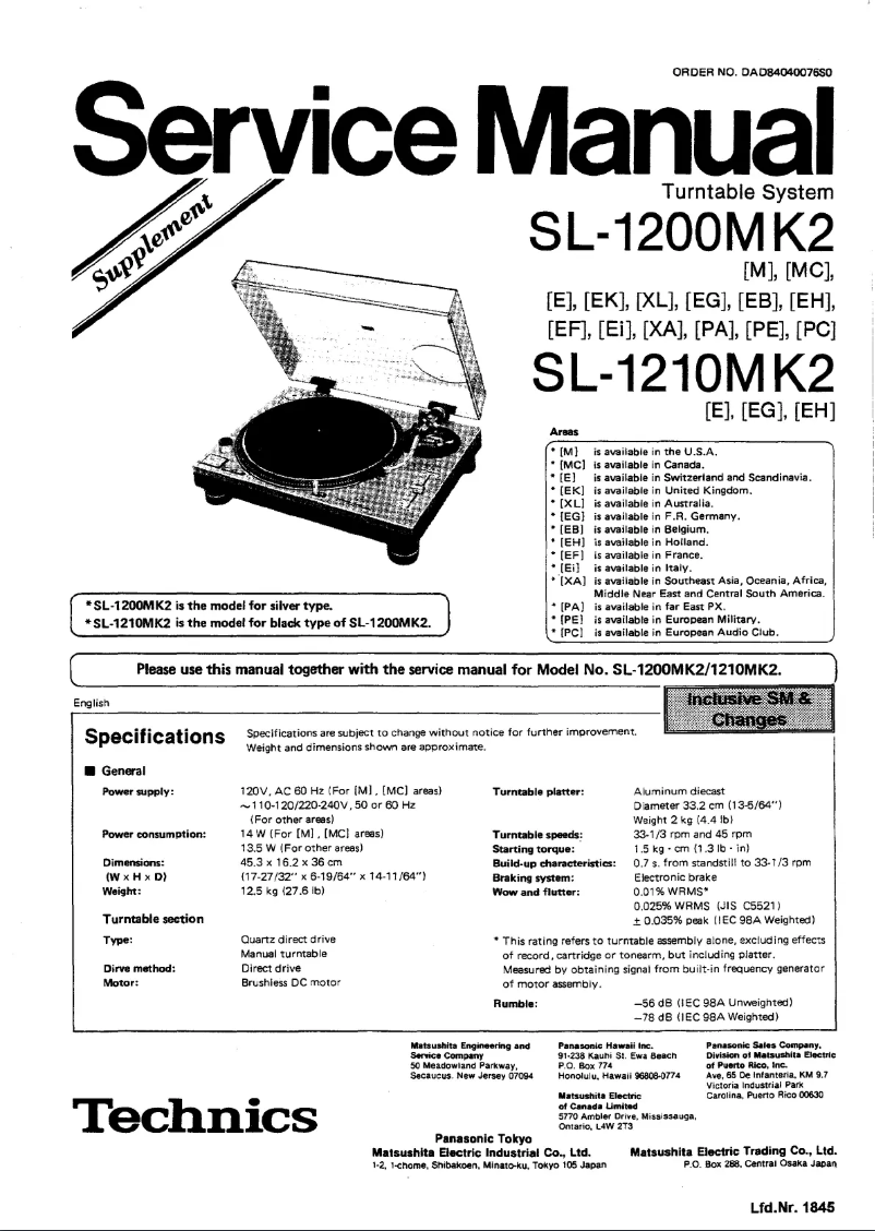 Page 1 de la notice Manuel utilisateur Technics SL-1210MK2