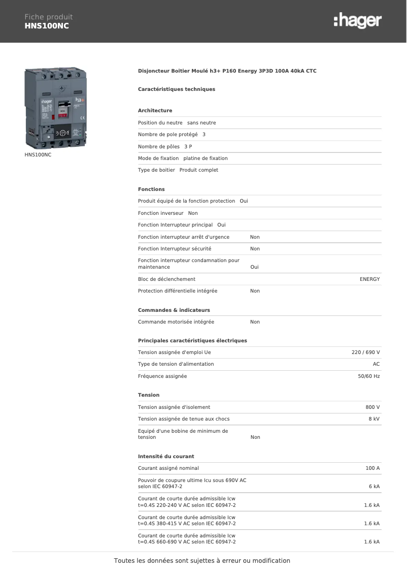 Page n°1 - Fiche technique Hager HNS100NC