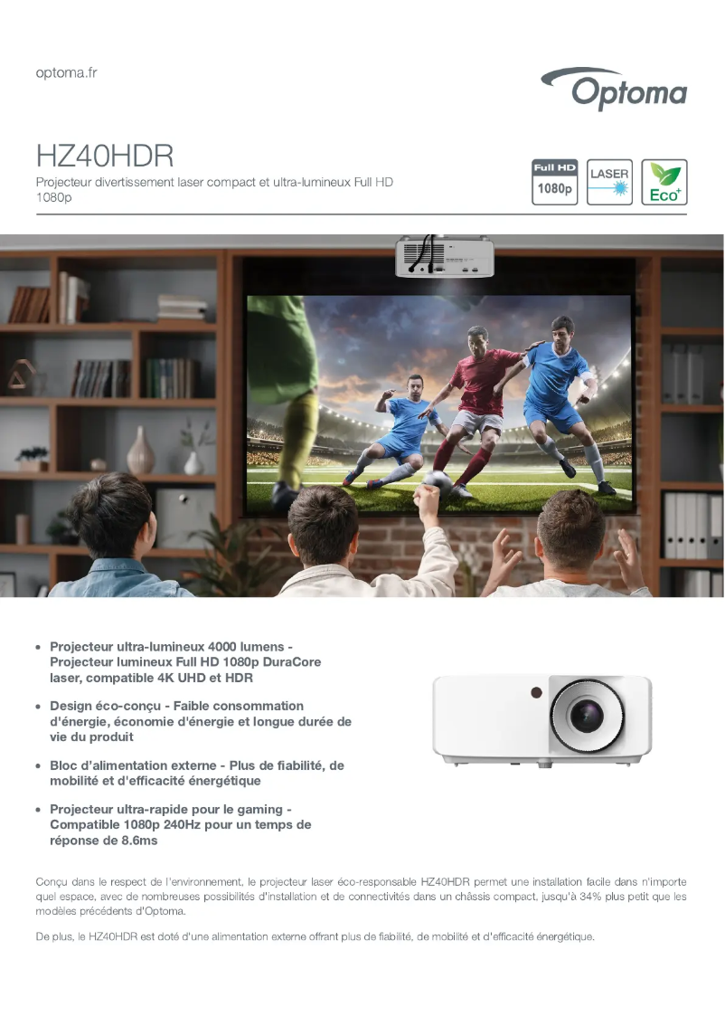 Page 1 de la notice Fiche technique Optoma HZ40HDR