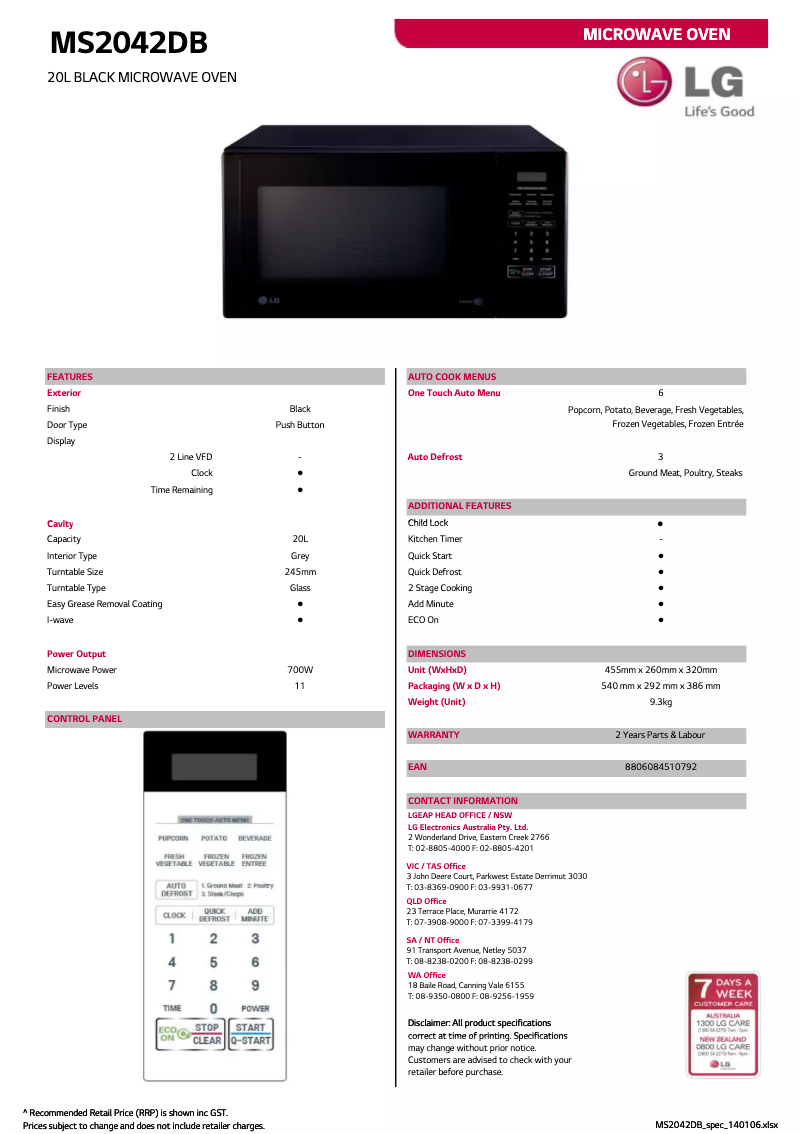 Page 1 de la notice Fiche technique LG MS2042DB