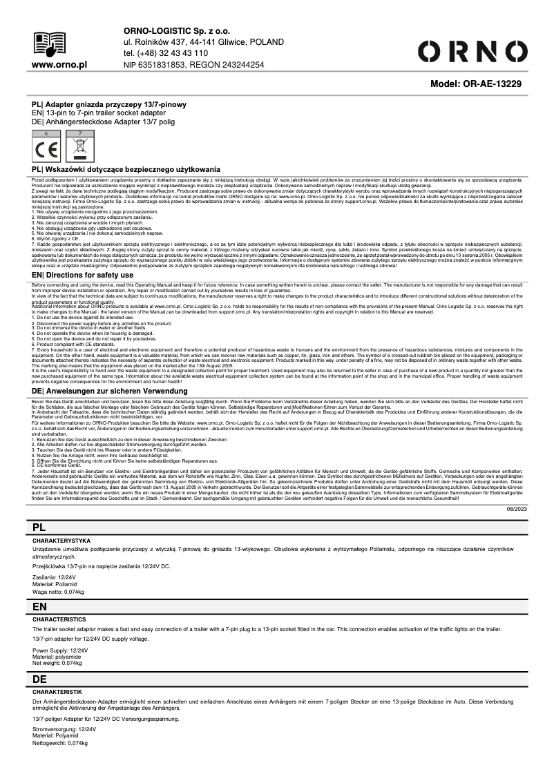 Page n°1 - Manuel utilisateur ORNO OR-AE-13229