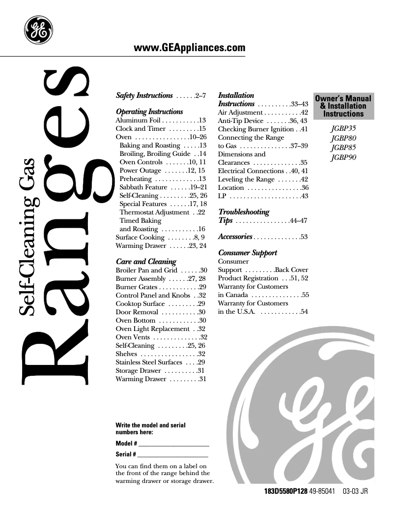 Image de la première page du manuel de l'appareil Spectra JGBP35CEACC