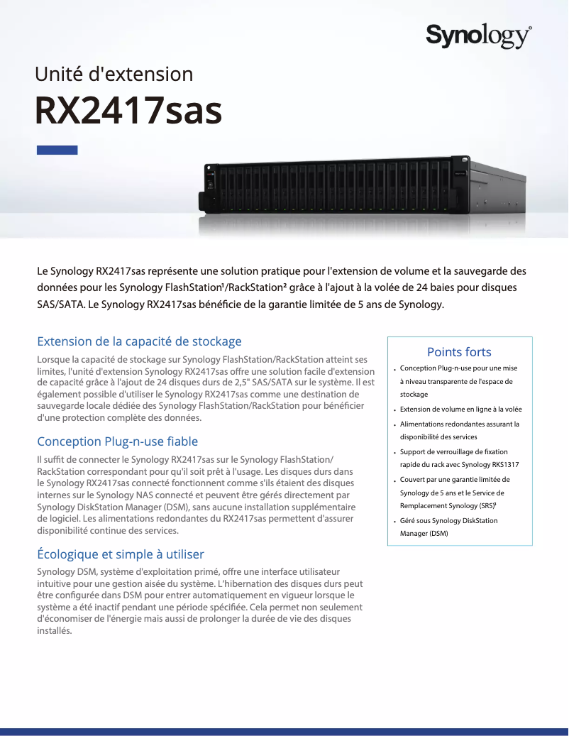 Page 1 de la notice Fiche technique Synology RX2417SAS