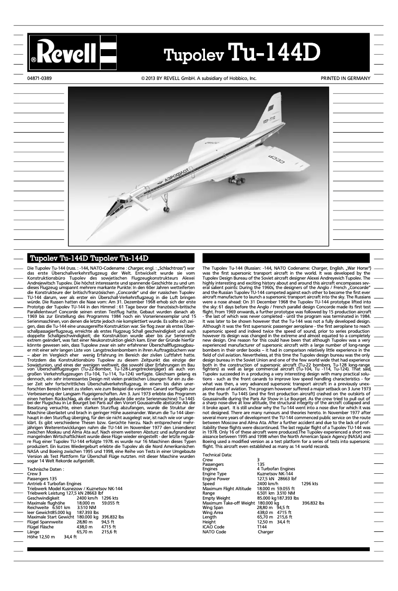 Page 1 de la notice Manuel utilisateur Revell Supersonic Passenger Aircraft Tupolev Tu-144D