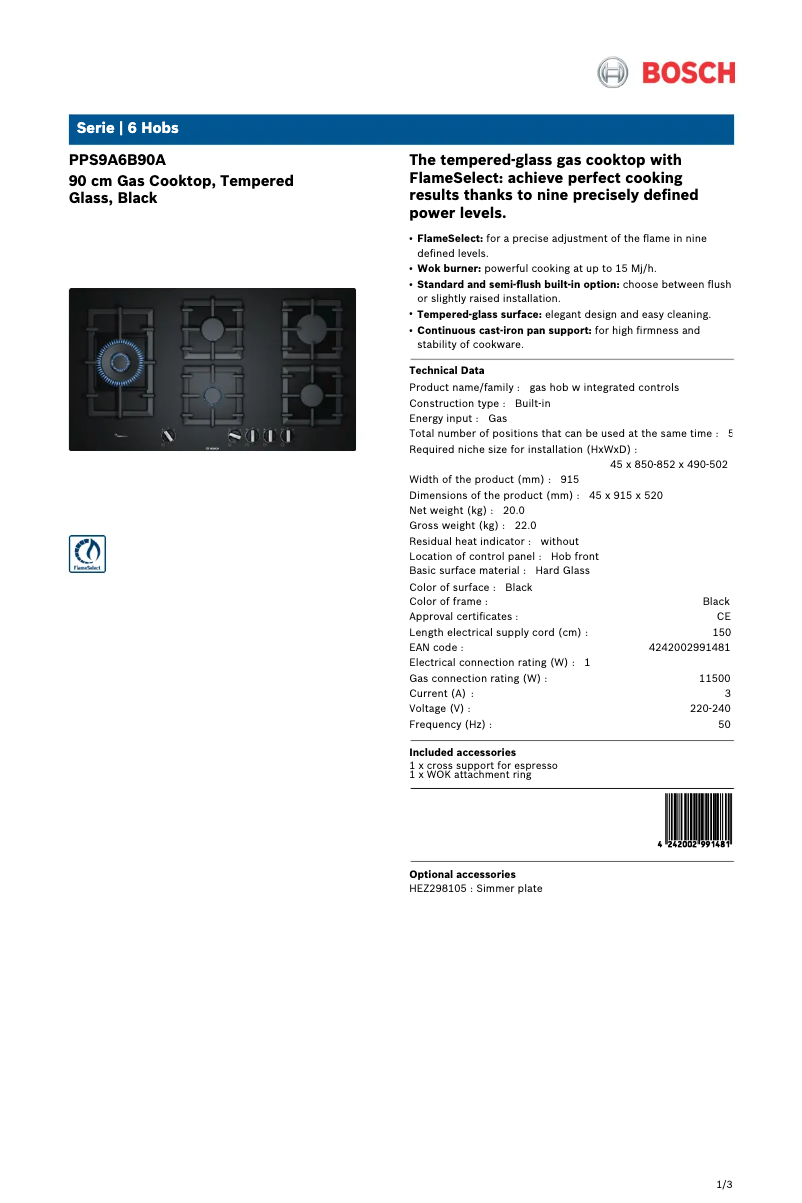 Page 1 de la notice Fiche technique Bosch PPS9A6B90A