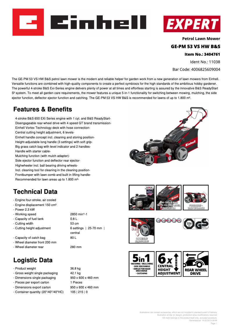 Page 1 de la notice Fiche technique Einhell GE-PM 53 VS HW B&S