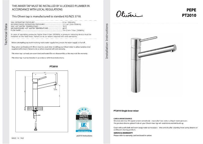Page 1 de la notice Guide d'installation Oliveri PT2010B